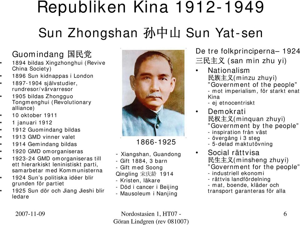 hierarkiskt leninistiskt parti, samarbetar med Kommunisterna 1924 Sun s politiska idéer blir grunden för partiet 1925 Sun dör och Jiang Jieshi blir ledare 1866-1925 - Xiangshan, Guandong - Gift 1884,