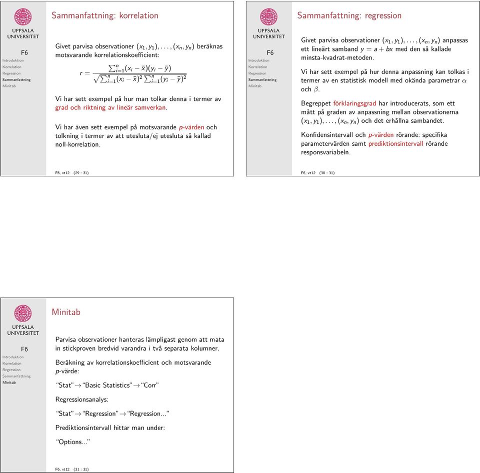 Vi har även sett exempel på motsvarande p-värden och tolkning i termer av att utesluta/ej utesluta så kallad noll-korrelation. Givet parvisa observationer (x 1, y 1 ),.