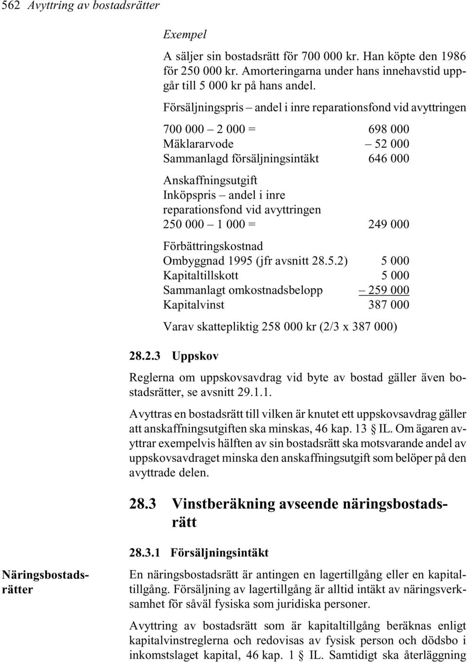 reparationsfond vid avyttringen 250 000 1 000 = 249 000 Förbättringskostnad Ombyggnad 1995 (jfr avsnitt 28.5.2) 5 000 Kapitaltillskott 5 000 Sammanlagt omkostnadsbelopp 259 000 Kapitalvinst 387 000 Varav skattepliktig 258 000 kr (2/3 x 387 000) 28.
