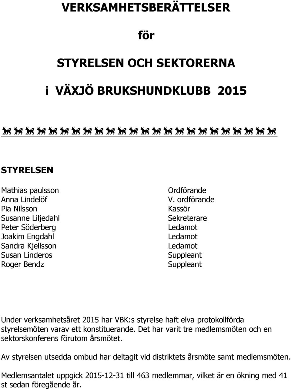 ordförande Kassör Sekreterare Ledamot Ledamot Ledamot Suppleant Suppleant Under verksamhetsåret 2015 har VBK:s styrelse haft elva protokollförda styrelsemöten varav ett