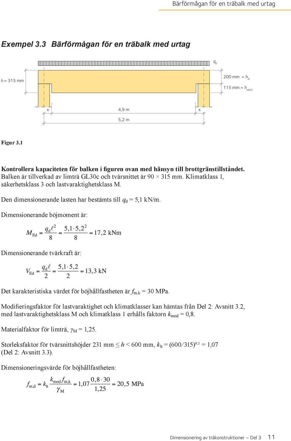 Klimatklass 1, säkerhets klass 3 och lastvaraktighetsklass M. Den dimensionerande lasten har bestämts till q d = 5,1 kn/m.