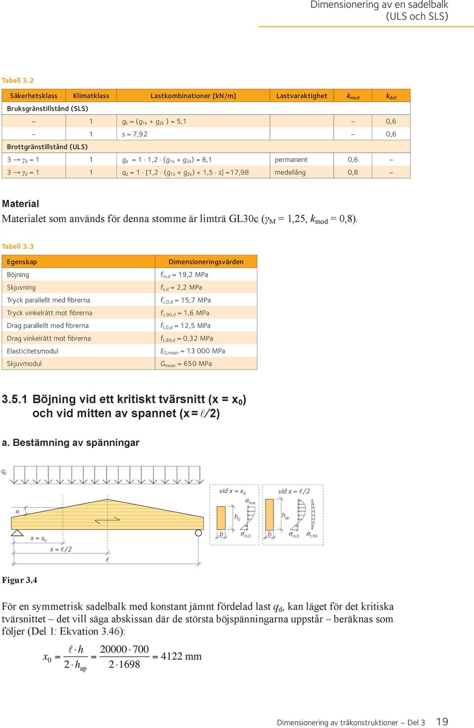 1 1,2 (g 1k + g 2k ) = 6,1 permanent 0,6 3 γ d = 1 1 q d = 1 [1,2 (g 1k + g 2k ) + 1,5 s] =17,98 medellång 0,8 Material Materialet som används för denna stomme är limträ GL30c (γ M = 1,25, k mod =