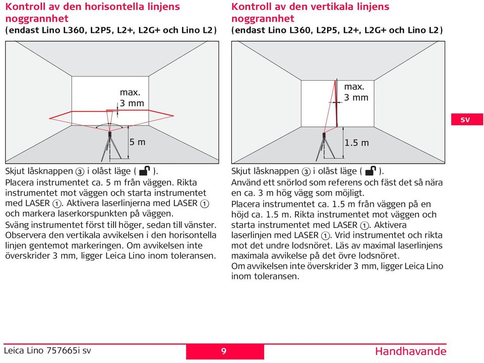 Sväng instrumentet först till höger, sedan till vänster. Observera den vertikala avvikelsen i den horisontella linjen gentemot markeringen.