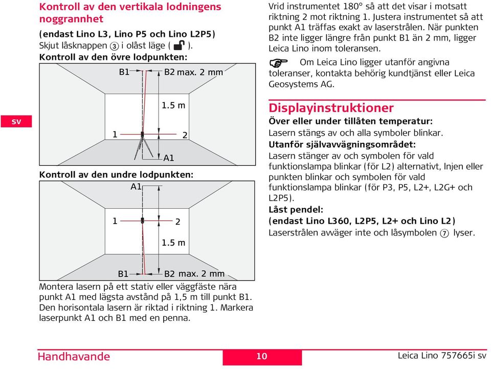 Den horisontala lasern är riktad i riktning 1. arkera laserpunkt A1 och B1 med en penna. andhavande 1 1 1.5 m A1 2 2 1.