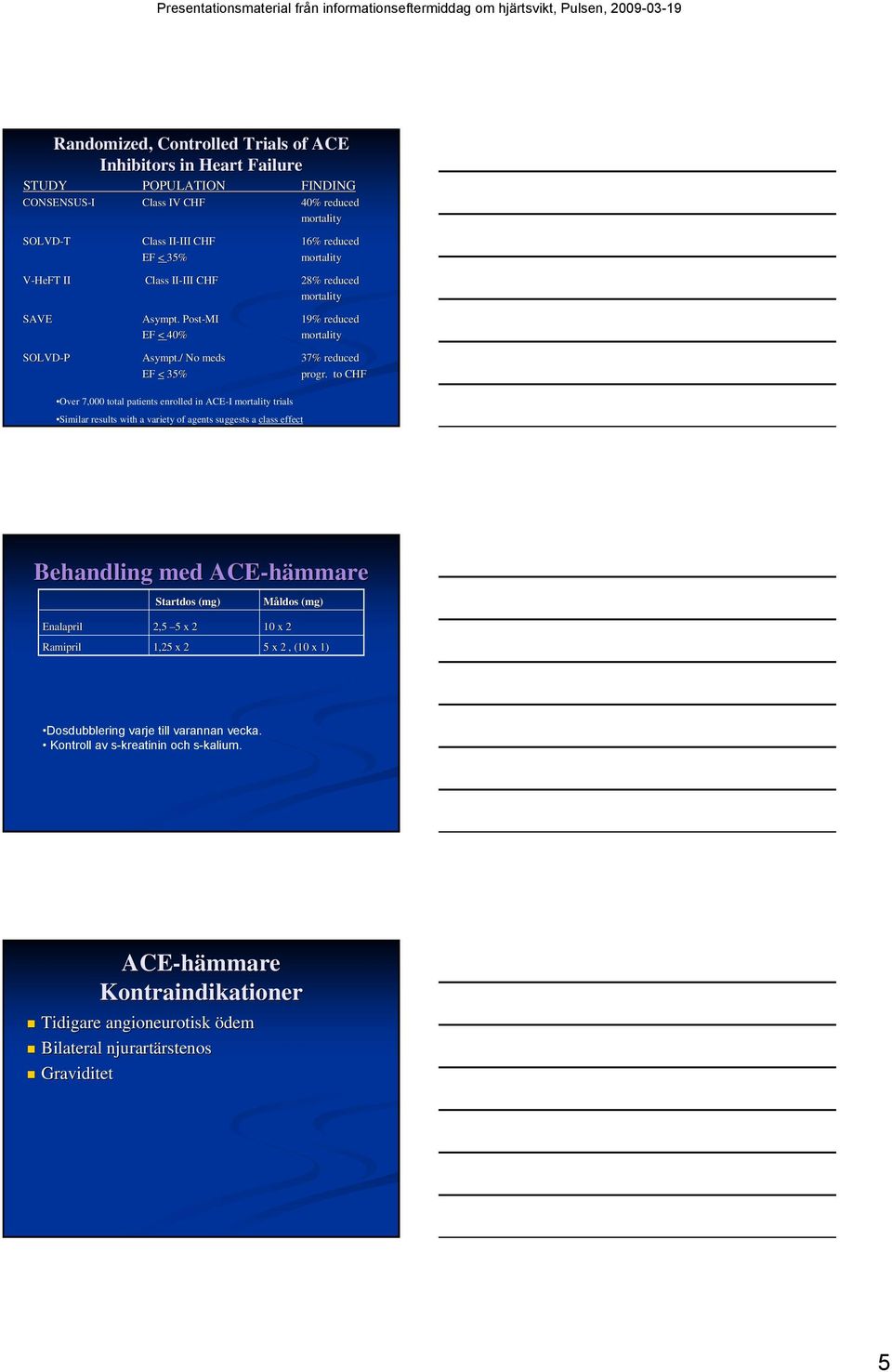. to CHF Over 7,000 total patients enrolled in ACE-I mortality trials Similar results with a variety of agents suggests a class effect Behandling med ACE-hämmare Startdos (mg) Måldos (mg)