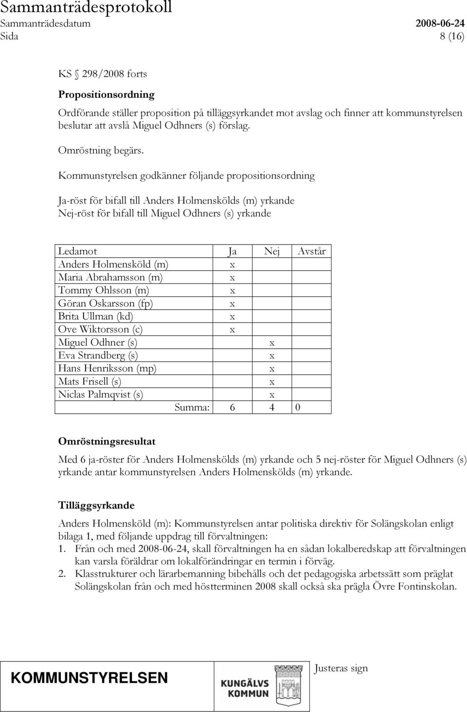 Holmensköld (m) Maria Abrahamsson (m) Tommy Ohlsson (m) Göran Oskarsson (fp) Brita Ullman (kd) Ove Wiktorsson (c) Miguel Odhner (s) Eva Strandberg (s) Hans Henriksson (mp) Mats Frisell (s) Niclas