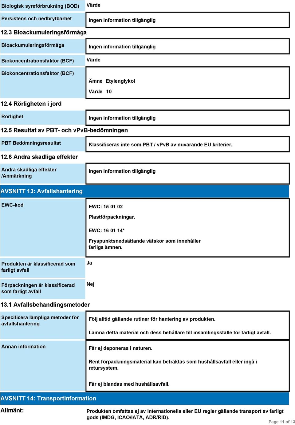 5 Resultat av PBT- och vpvb-bedömningen PBT Bedömningsresultat Klassificeras inte som PBT / vpvb av nuvarande EU kriterier. 12.