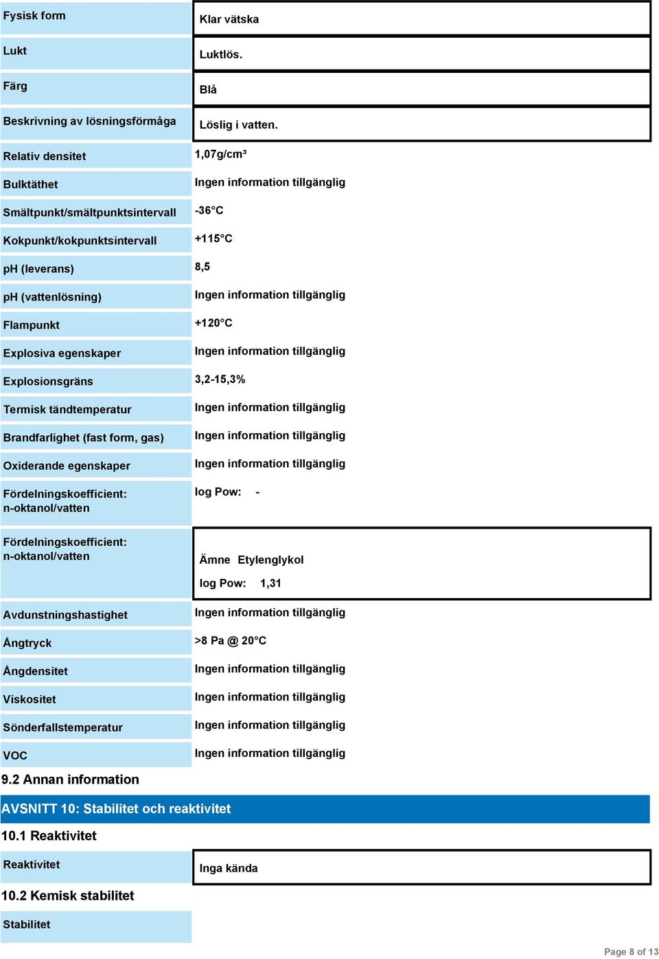 Oxiderande egenskaper Fördelningskoefficient: n-oktanol/vatten log Pow: - Fördelningskoefficient: n-oktanol/vatten Ämne Etylenglykol log Pow: 1,31 Avdunstningshastighet Ångtryck >8 Pa @