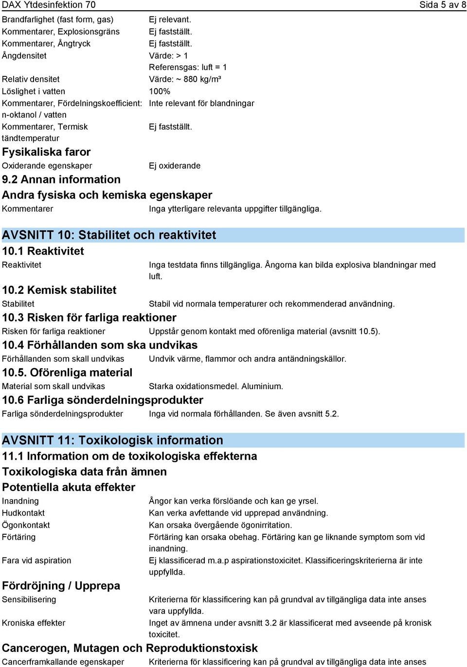 Kommentarer, Termisk Ej fastställt. tändtemperatur Fysikaliska faror Oxiderande egenskaper Ej oxiderande 9.