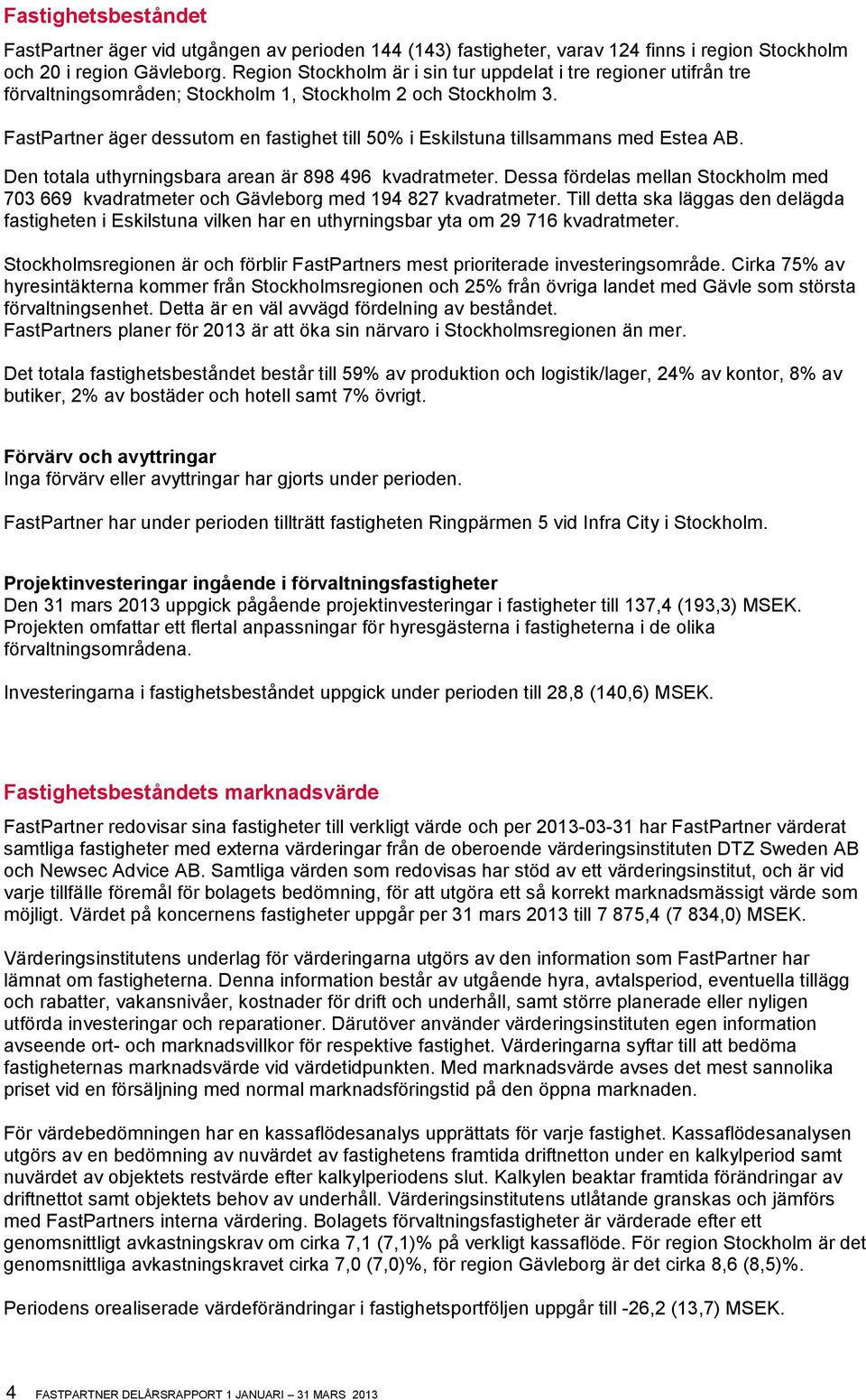 FastPartner äger dessutom en fastighet till 50% i Eskilstuna tillsammans med Estea AB. Den totala uthyrningsbara arean är 898 496 kvadratmeter.