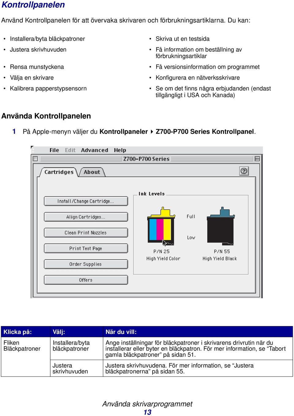 Få versionsinformation om programmet Konfigurera en nätverksskrivare Se om det finns några erbjudanden (endast tillgängligt i USA och Kanada) Använda Kontrollpanelen 1 På Apple-menyn väljer du