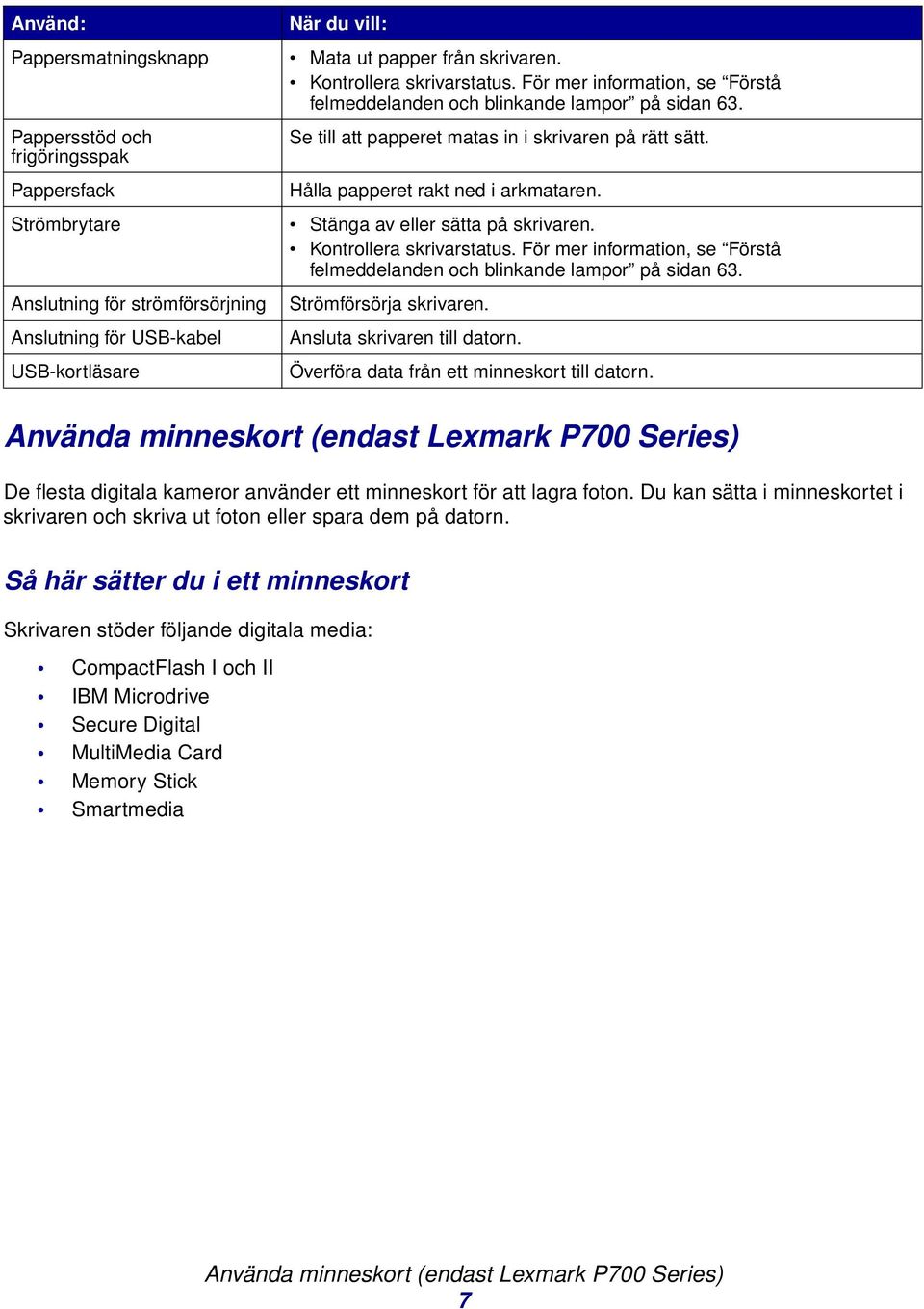 Stänga av eller sätta på skrivaren. Kontrollera skrivarstatus. För mer information, se Förstå felmeddelanden och blinkande lampor på sidan 63. Strömförsörja skrivaren. Ansluta skrivaren till datorn.