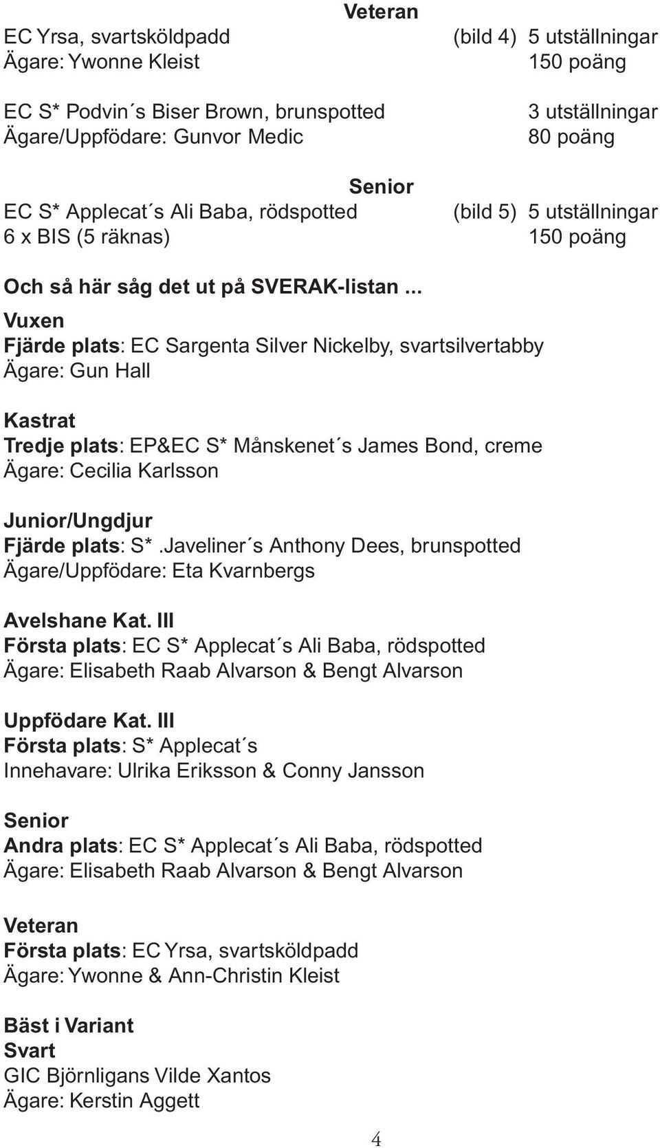 .. Vuxen Fjärde plats: EC Sargenta Silver Nickelby, svartsilvertabby Ägare: Gun Hall Kastrat Tredje plats: EP&EC S* Månskenet s James Bond, creme Ägare: Cecilia Karlsson Junior/Ungdjur Fjärde plats: S*.