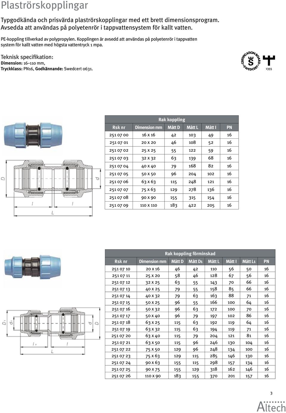 Teknisk specifikation: Dimension: 16 110 mm, Tryckklass: PN16, Godkännande: Swedcert 0631.