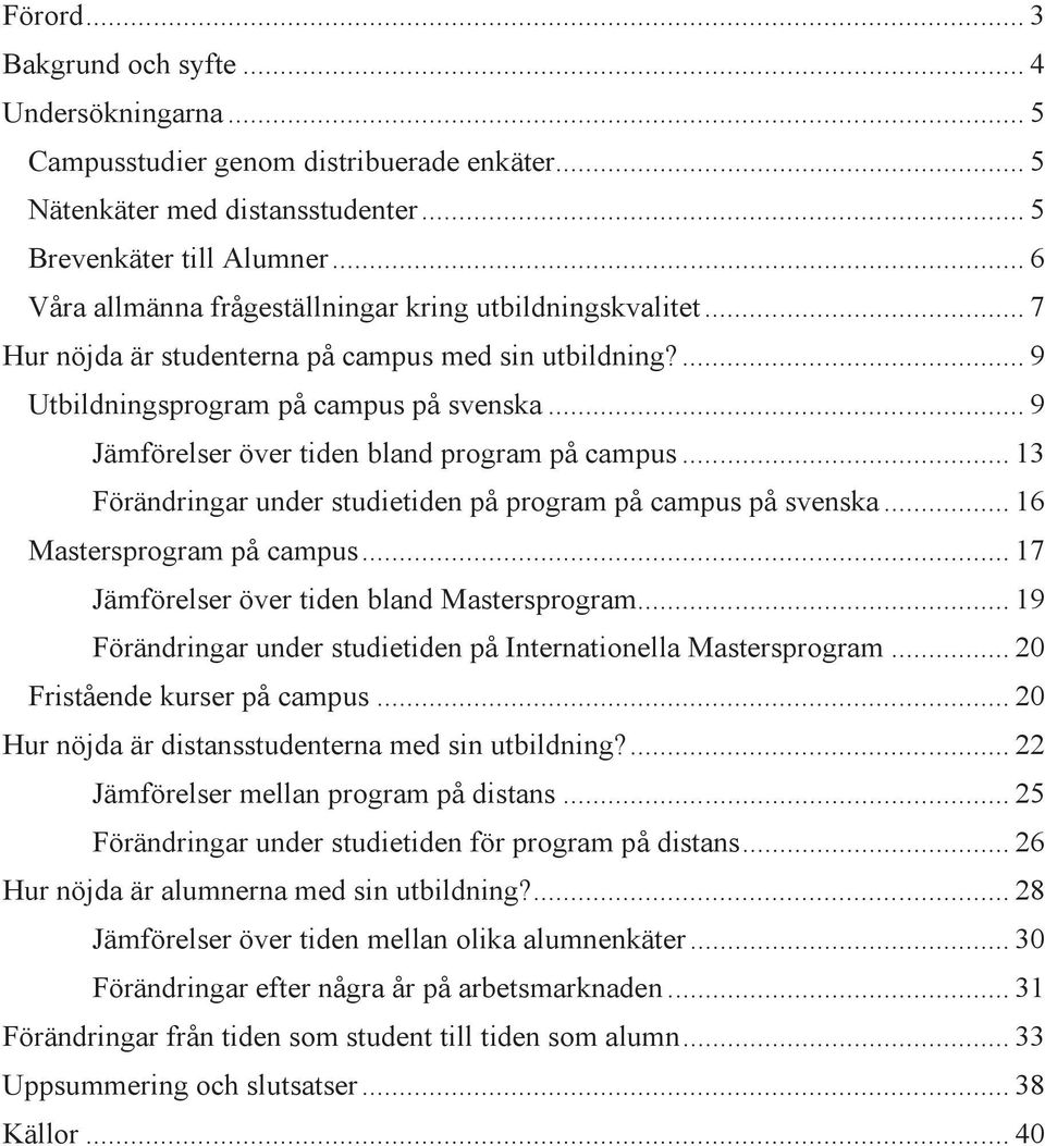 .. 9 Jämförelser över tiden bland program på campus... 13 Förändringar under studietiden på program på campus på svenska... 16 Mastersprogram på campus... 17 Jämförelser över tiden bland Mastersprogram.