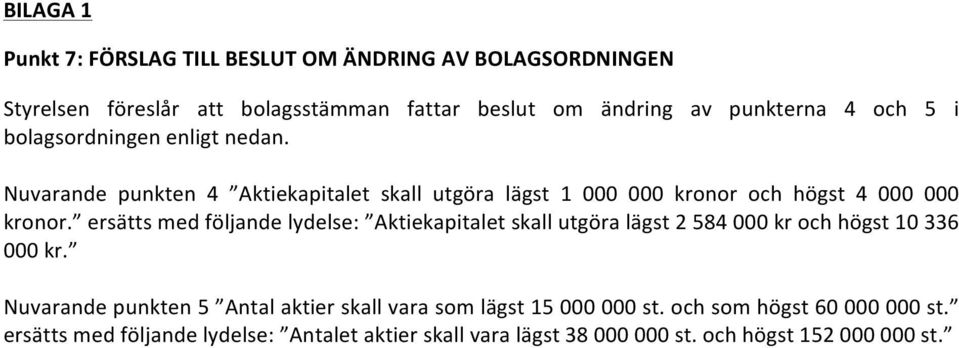 ersätts med följande lydelse: Aktiekapitalet skall utgöra lägst 2 584 000 kr och högst 10 336 000 kr.