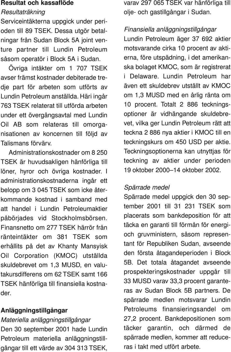 Övriga intäkter om 1 707 TSEK avser främst kostnader debiterade tredje part för arbeten som utförts av Lundin Petroleum anställda.