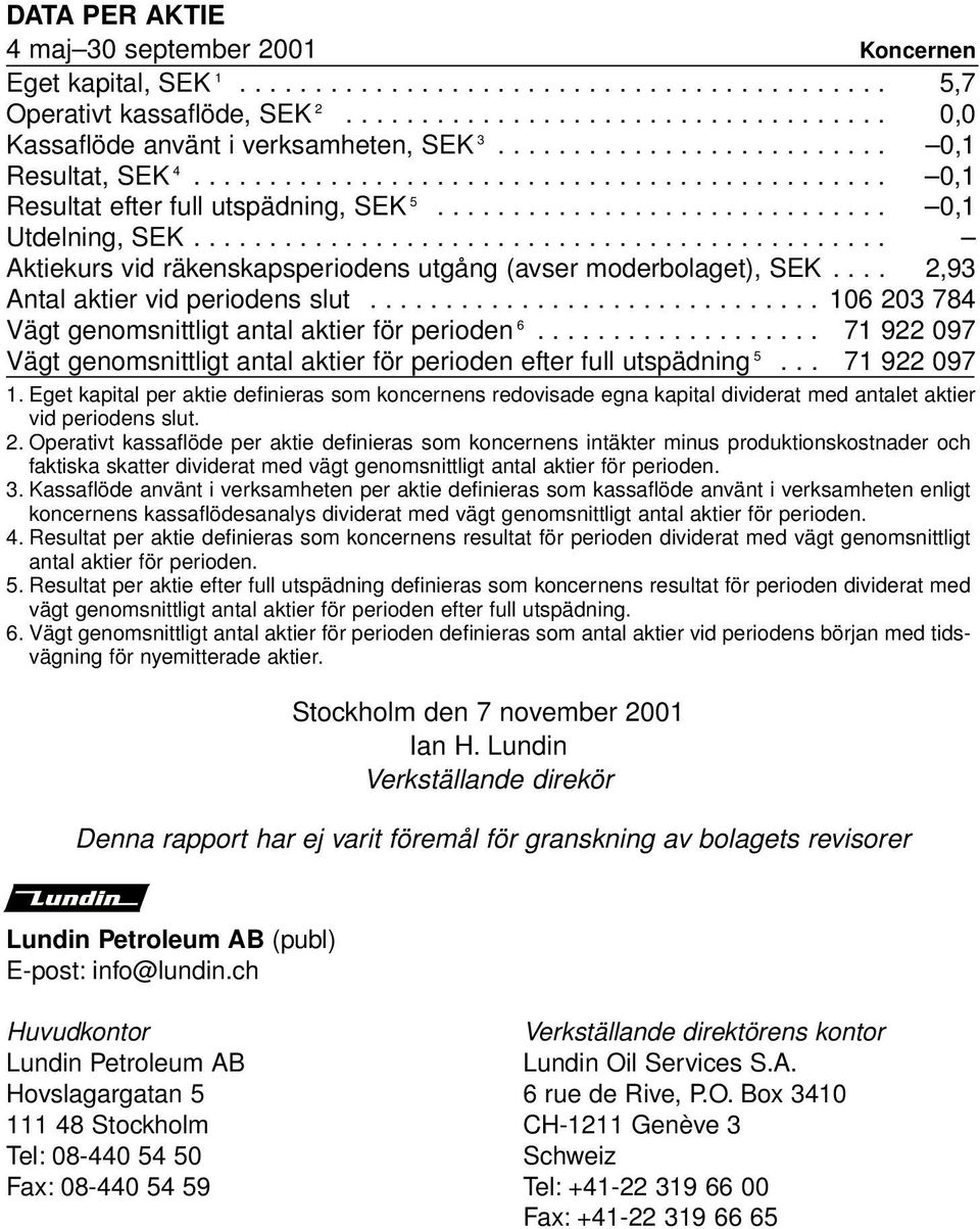 ............................................. Aktiekurs vid räkenskapsperiodens utgång (avser moderbolaget), SEK.... 2,93 Antal aktier vid periodens slut.