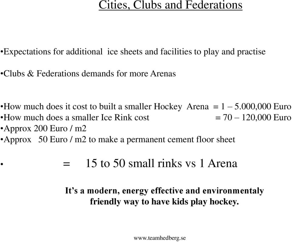 000,000 Euro How much does a smaller Ice Rink cost = 70 120,000 Euro Approx 200 Euro / m2 Approx 50 Euro / m2 to make a