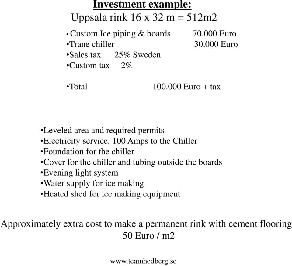 000 Euro + tax Leveled area and required permits Electricity service, 100 Amps to the Chiller Foundation for the chiller Cover for