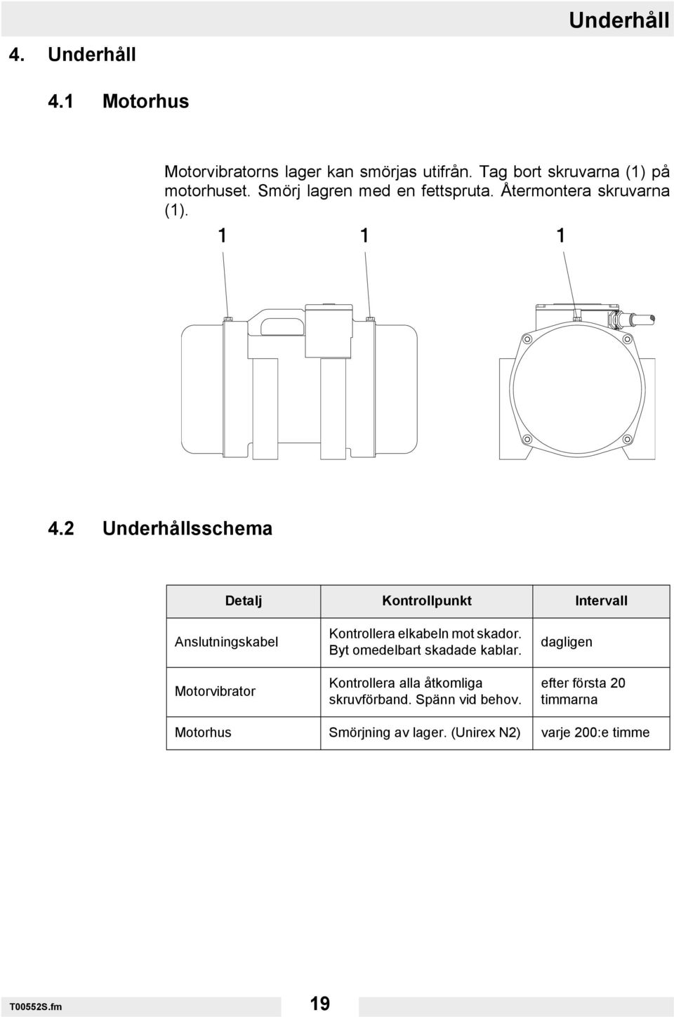 2 Underhållsschema Detalj Kontrollpunkt Intervall Anslutningskabel Motorvibrator Kontrollera elkabeln mot skador.