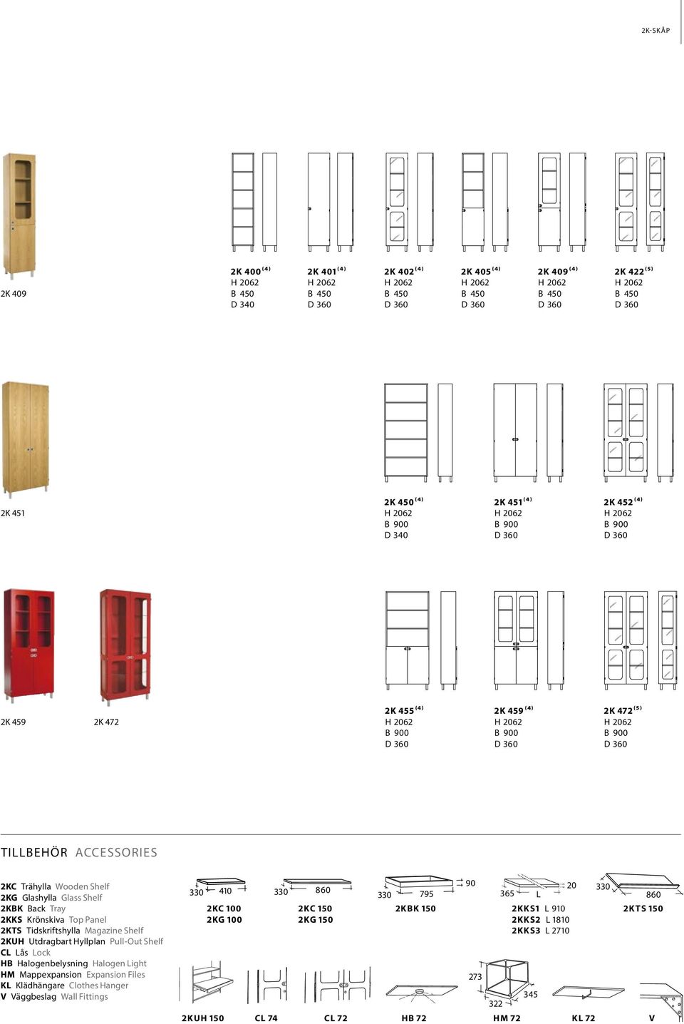 Hyllplan Pull-Out Shelf CL Lås Lock HB Halogenbelysning Halogen Light HM Mappexpansion Expansion Files KL Klädhängare Clothes Hanger V Väggbeslag Wall Fittings 330 410