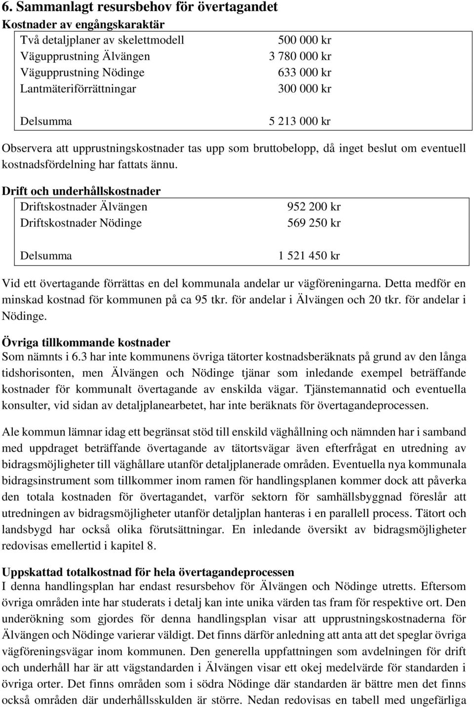 Drift och underhållskostnader Driftskostnader Älvängen Driftskostnader Nödinge Delsumma 952 200 kr 569 250 kr 1 521 450 kr Vid ett övertagande förrättas en del kommunala andelar ur vägföreningarna.
