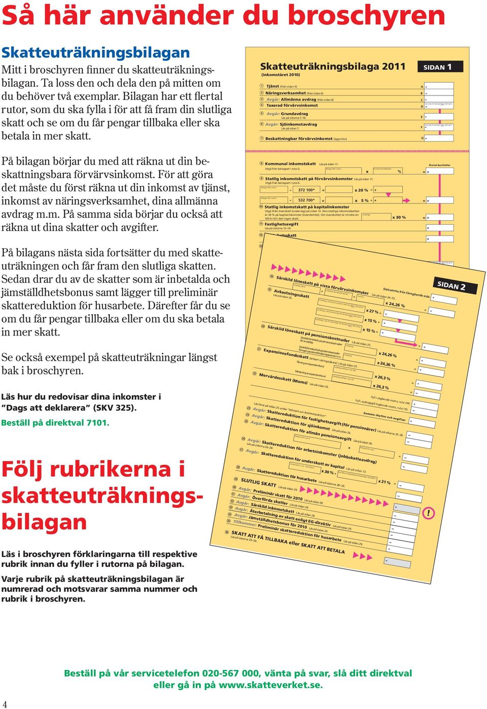 Tjänst (från sidan 5) @ Näringsverksamhet (från sidan 6) # Avgår: Allmänna avdrag (från sidan 6) $ Taxerad förvärvsinkomst % Avgår: Grundavdrag Läs på sidorna 7 10.