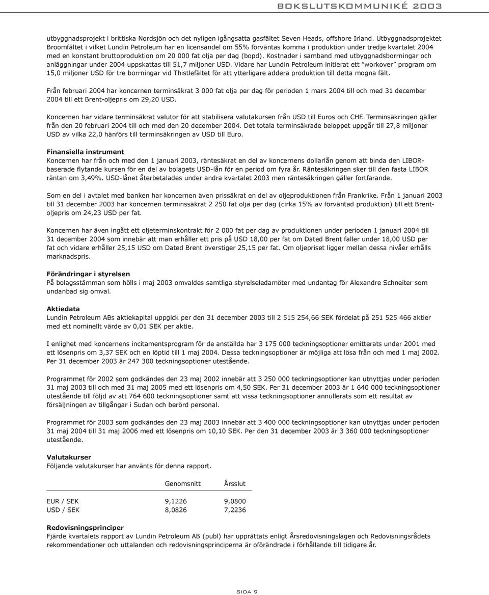 dag (bopd). Kostnader i samband med utbyggnadsborrningar och anläggningar under 2004 uppskattas till 51,7 miljoner USD.