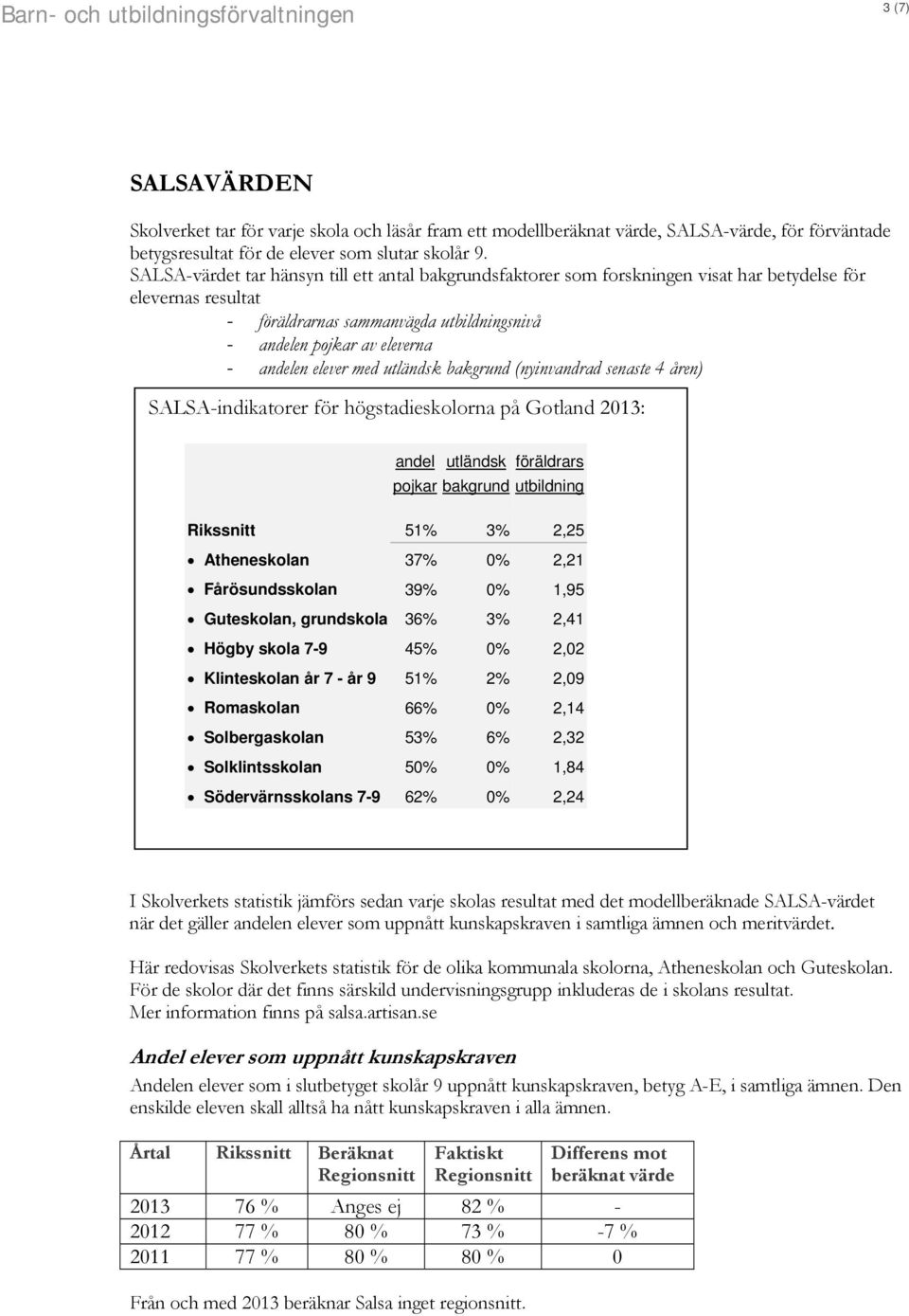elever med utländsk bakgrund (nyinvandrad senaste 4 åren) SALSA-indikatorer för högstadieskolorna på Gotland 2013: andel utländsk föräldrars pojkar bakgrund utbildning Rikssnitt 51% 3% 2,25
