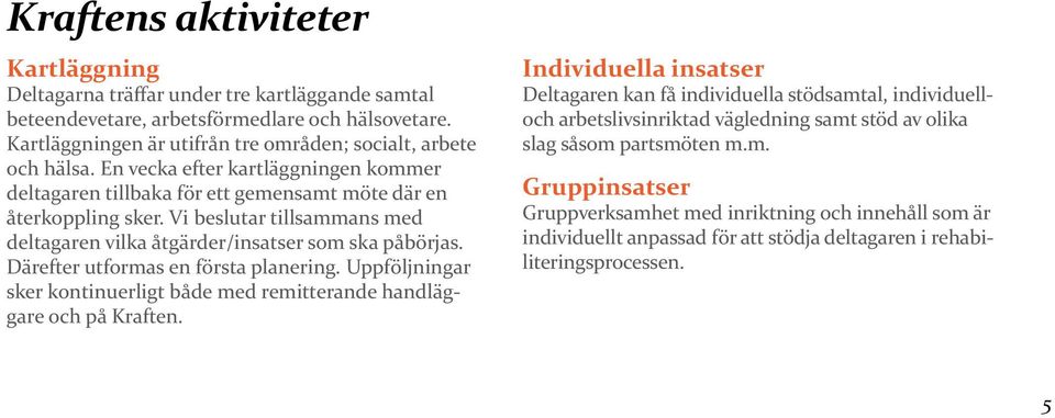 Därefter utformas en första planering. Uppföljningar sker kontinuerligt både med remitterande handläggare och på Kraften.