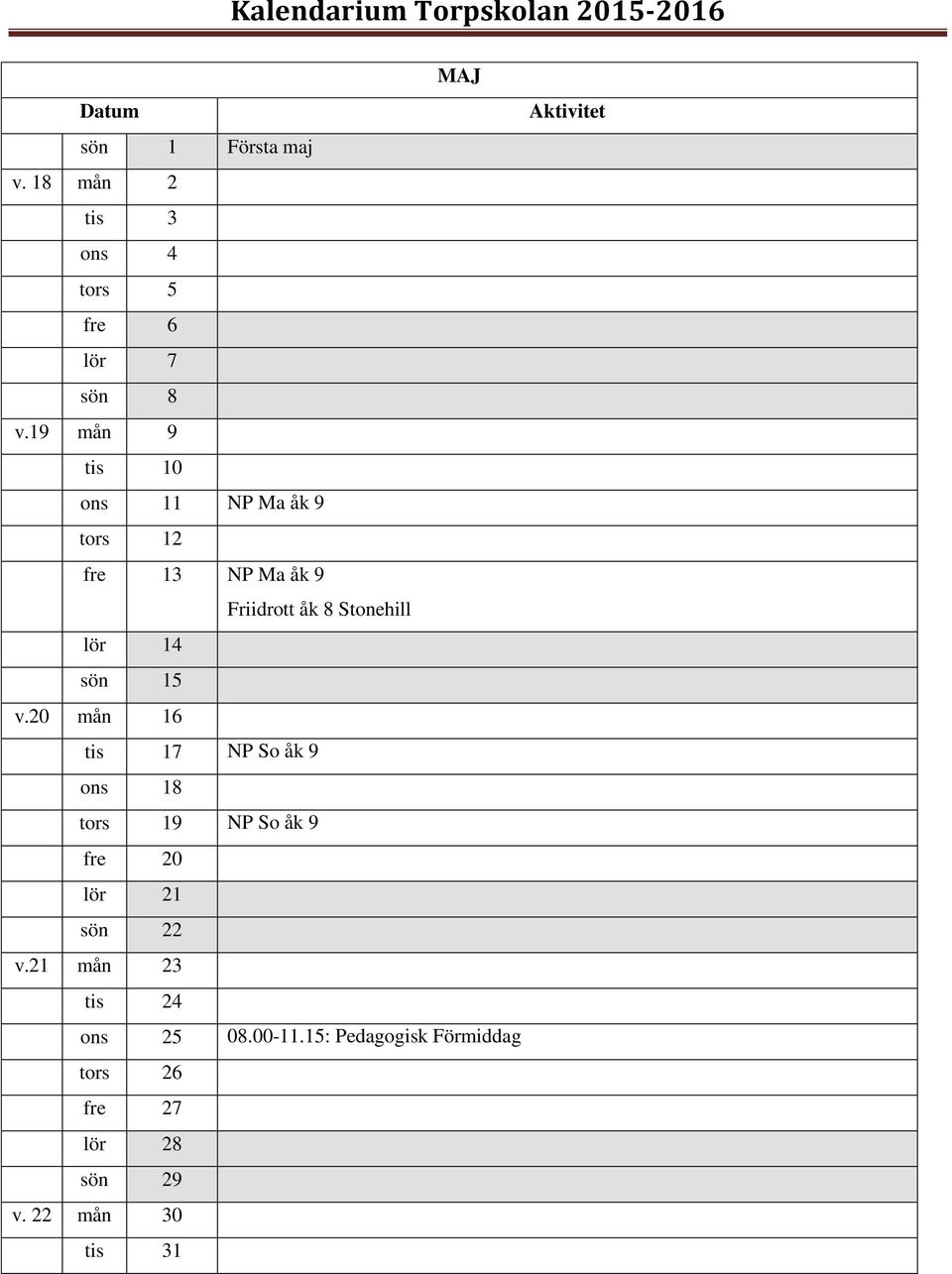 14 sön 15 v.20 mån 16 tis 17 NP So åk 9 ons 18 tors 19 NP So åk 9 fre 20 lör 21 sön 22 v.