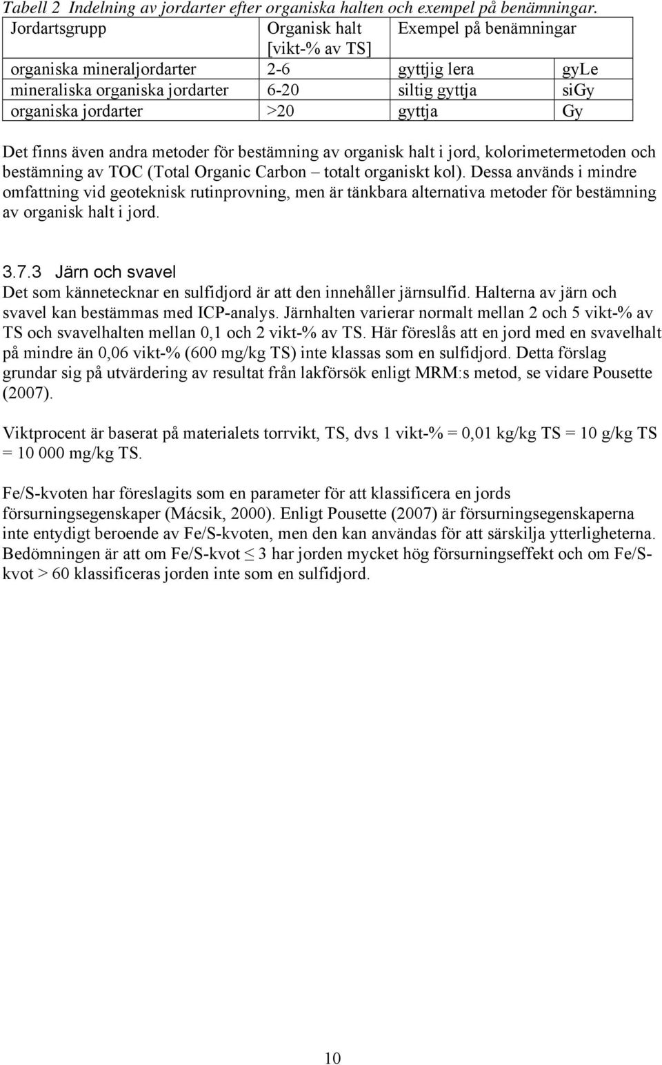gyttja Gy Det finns även andra metoder för bestämning av organisk halt i jord, kolorimetermetoden och bestämning av TOC (Total Organic Carbon totalt organiskt kol).