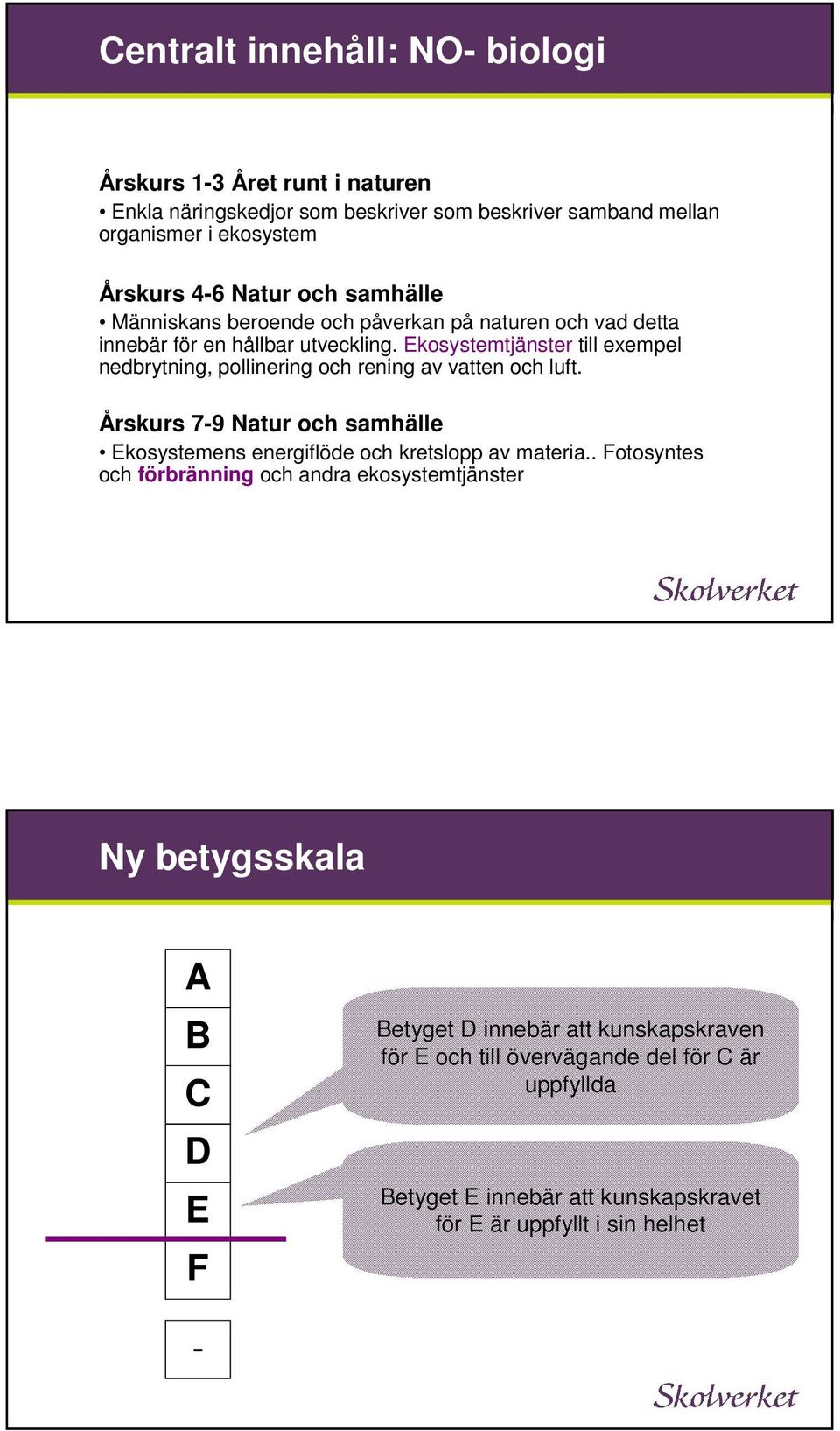 Ekosystemtjänster till exempel nedbrytning, pollinering och rening av vatten och luft. Årskurs 7-9 Natur och samhälle Ekosystemens energiflöde och kretslopp av materia.