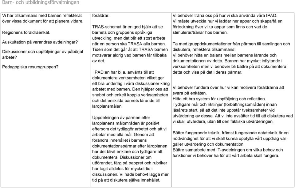 Tiden som det går åt att TRASA barnen motsvarar aldrig vad barnen får tillbaka av det. IPAD:en har bl.a. använts till att dokumentera verksamheten vilket ger ett bra underlag i våra diskussioner kring arbetet med barnen.