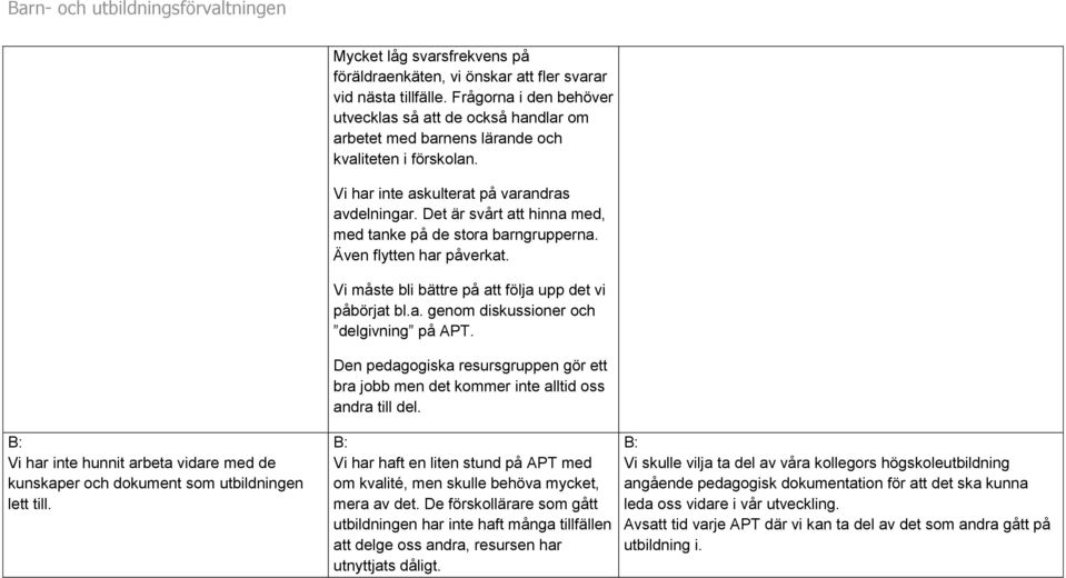 Det är svårt att hinna med, med tanke på de stora barngrupperna. Även flytten har påverkat. Vi måste bli bättre på att följa upp det vi påbörjat bl.a. genom diskussioner och delgivning på APT.