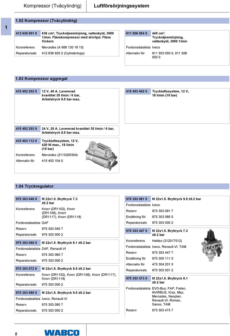 Tryckoljesmörjning, vattenkyld, 3000 1/min Fordonsdatalista Iveco Alternativ för 911 503 050 0, 911 506 050 0 1.03 Kompressor aggregat 415 402 202 0 12 V, 40 A.
