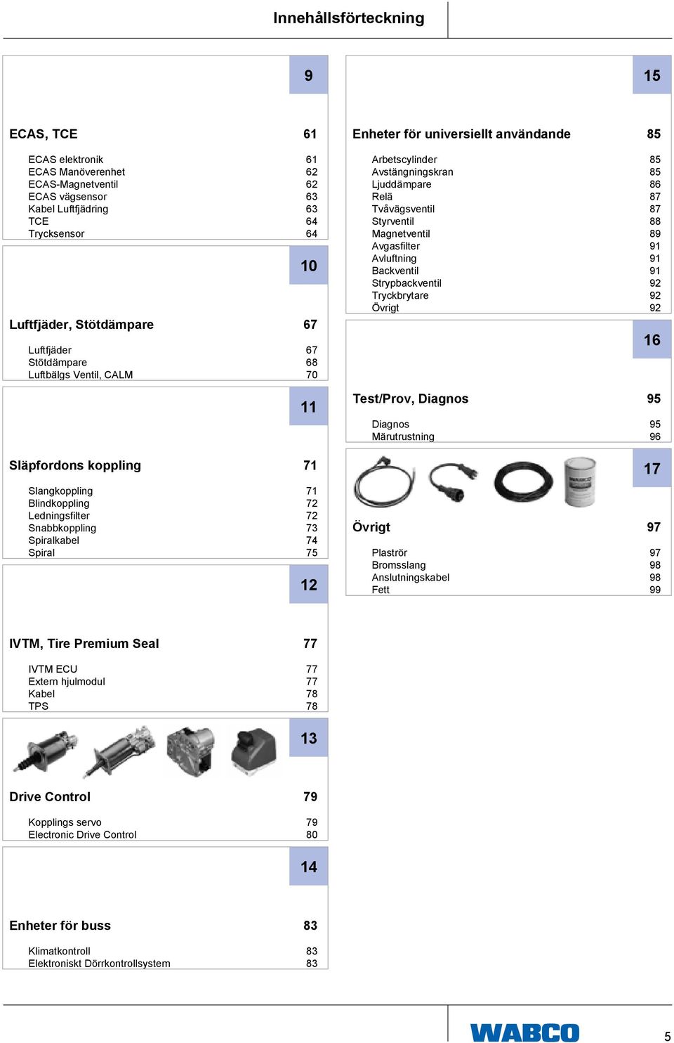 Avluftning Backventil Strypbackventil Tryckbrytare Övrigt 85 85 86 87 87 88 89 91 91 91 92 92 92 16 11 Test/Prov, Diagnos Diagnos Märutrustning 95 95 96 Släpfordons koppling 71 17 Slangkoppling
