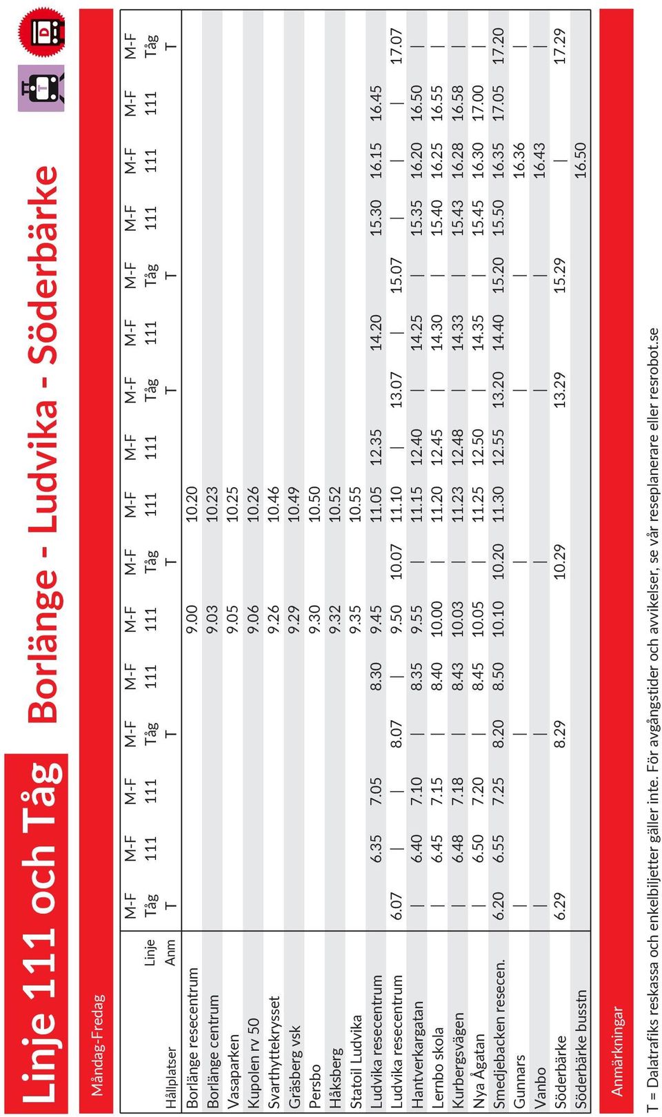 Gunnars Vanbo Söderbärke Söderbärke busstn M-F M-F M-F M-F M-F M-F M-F M-F M-F M-F M-F M-F M-F M-F M-F M-F Linje Tåg 111 111 Tåg 111 111 Tåg 111 111 Tåg 111 Tåg 111 111 111 Tåg Anm T T T T T T 6.07 6.