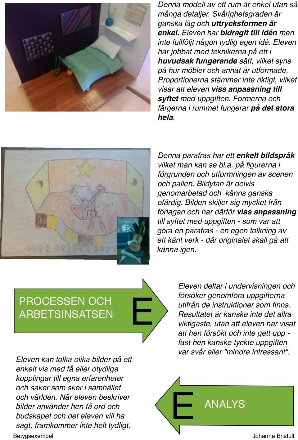Svårighetsgraden är ganska låg och uttrycksformen är enkel. Eleven har bidragit till idén men inte fullföljt någon tydlig egen idé.