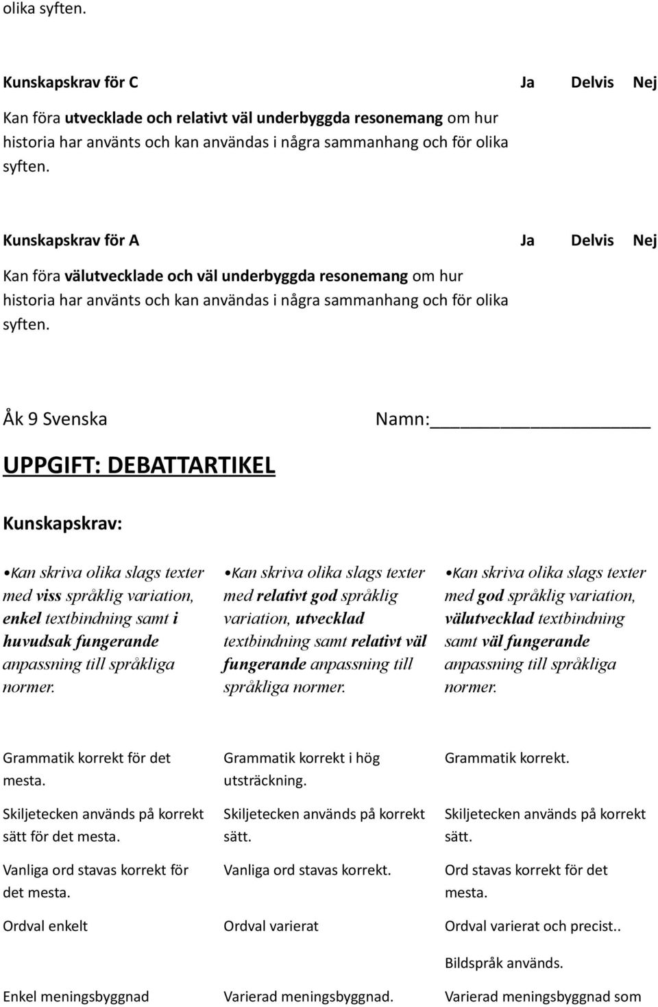 Åk 9 Svenska Namn: UPPGIFT: DEBATTARTIKEL med viss språklig variation, enkel textbindning samt i huvudsak fungerande anpassning till språkliga normer.