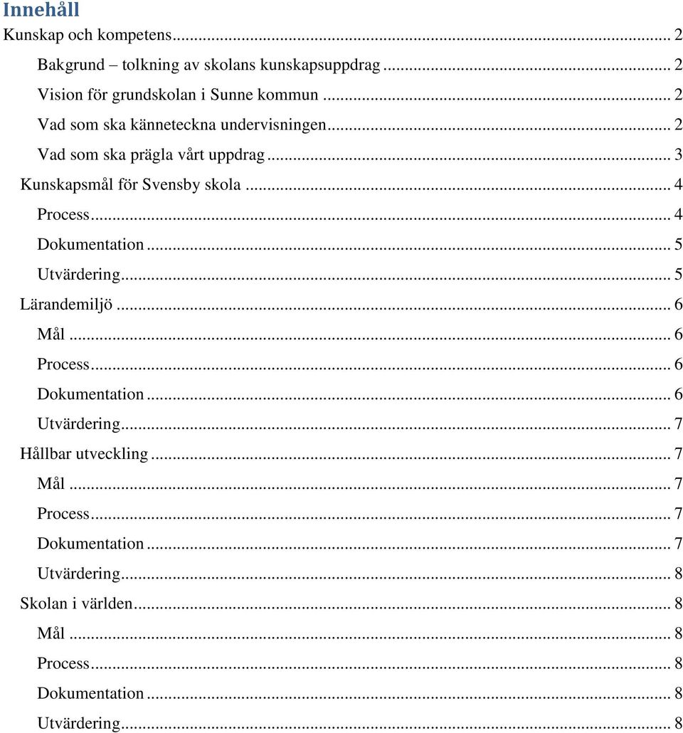 .. 4 Dokumentation... 5 Utvärdering... 5 Lärandemiljö... 6 Mål... 6 Process... 6 Dokumentation... 6 Utvärdering.