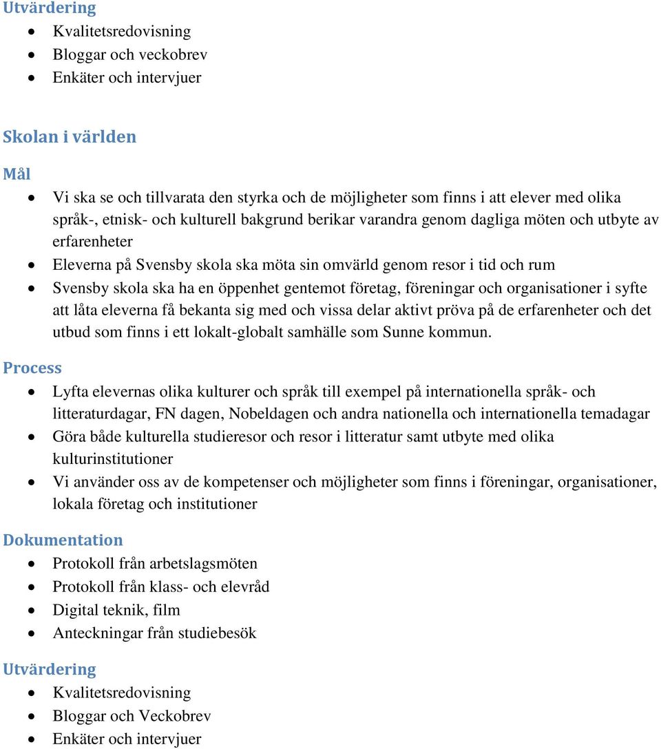 öppenhet gentemot företag, föreningar och organisationer i syfte att låta eleverna få bekanta sig med och vissa delar aktivt pröva på de erfarenheter och det utbud som finns i ett lokalt-globalt