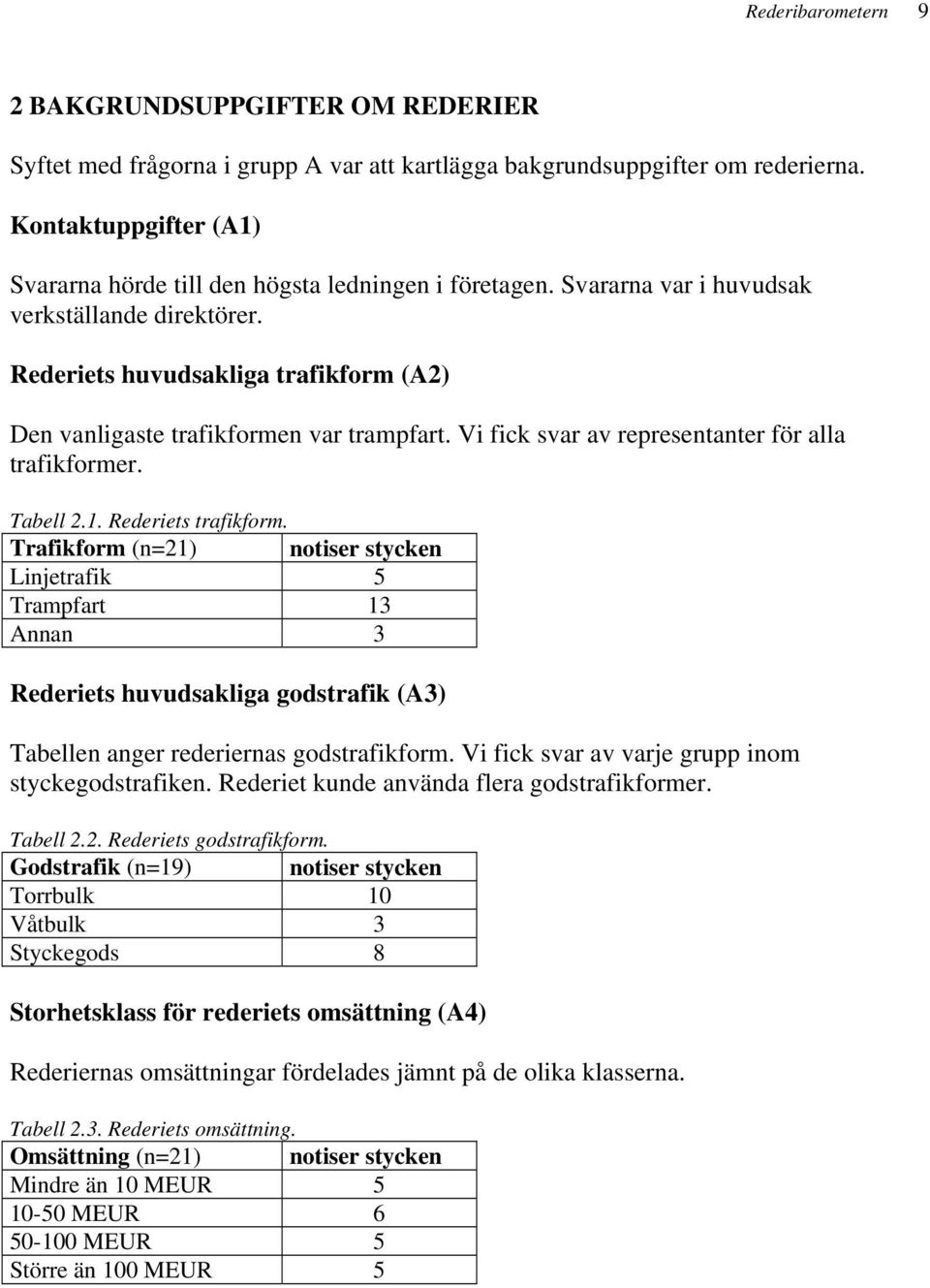 Rederiets huvudsakliga trafikform (A2) Den vanligaste trafikformen var trampfart. Vi fick svar av representanter för alla trafikformer. Tabell 2.1. Rederiets trafikform.
