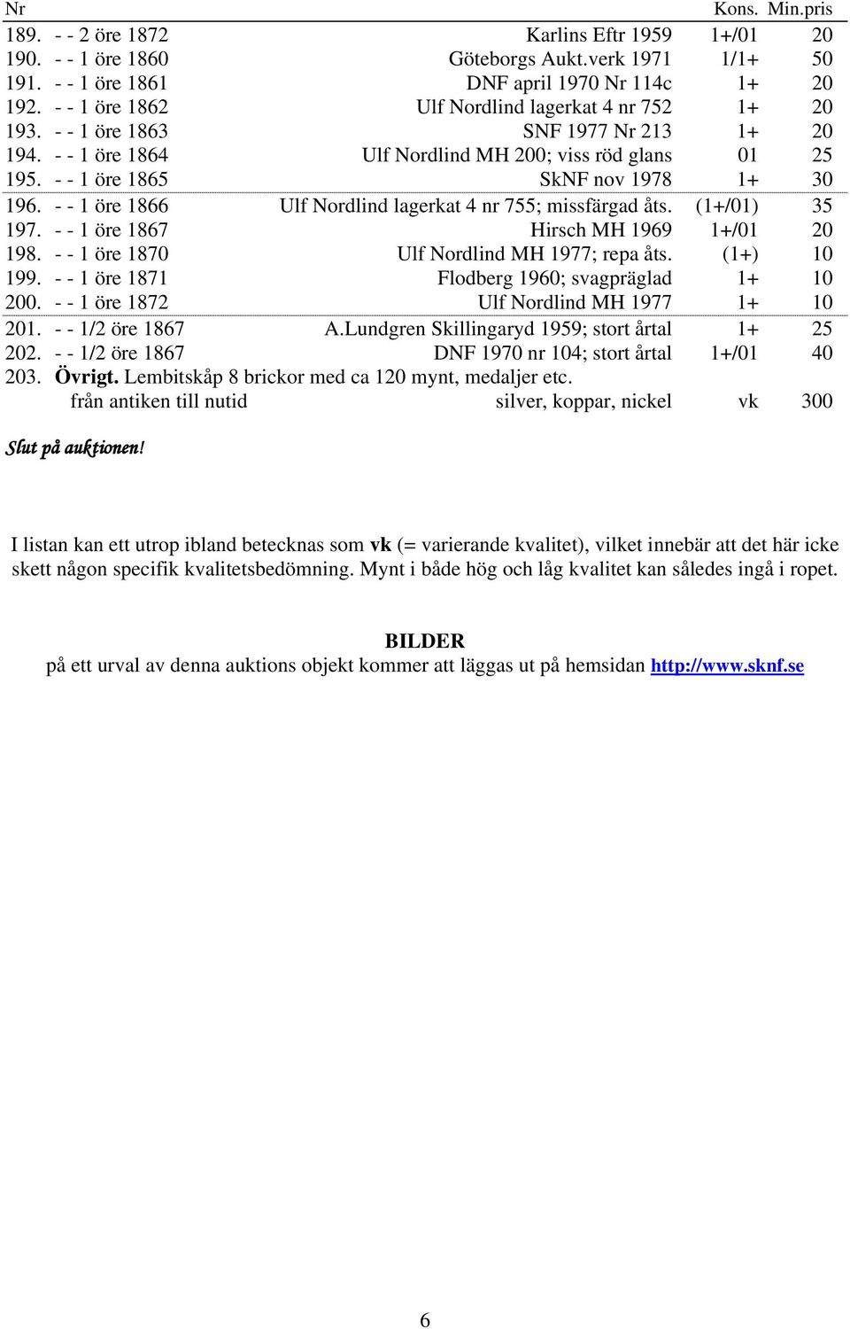 - - 1 öre 1866 Ulf Nordlind lagerkat 4 nr 755; missfärgad åts. (1+/01) 35 197. - - 1 öre 1867 Hirsch MH 1969 1+/01 20 198. - - 1 öre 1870 Ulf Nordlind MH 1977; repa åts. (1+) 10 199.