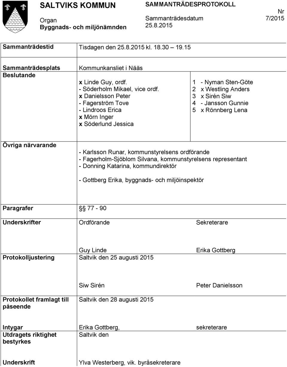 Karlsson Runar, kommunstyrelsens ordförande - Fagerholm-Sjöblom Silvana, kommunstyrelsens representant - Donning Katarina, kommundirektör - Gottberg Erika, byggnads- och miljöinspektör Paragrafer