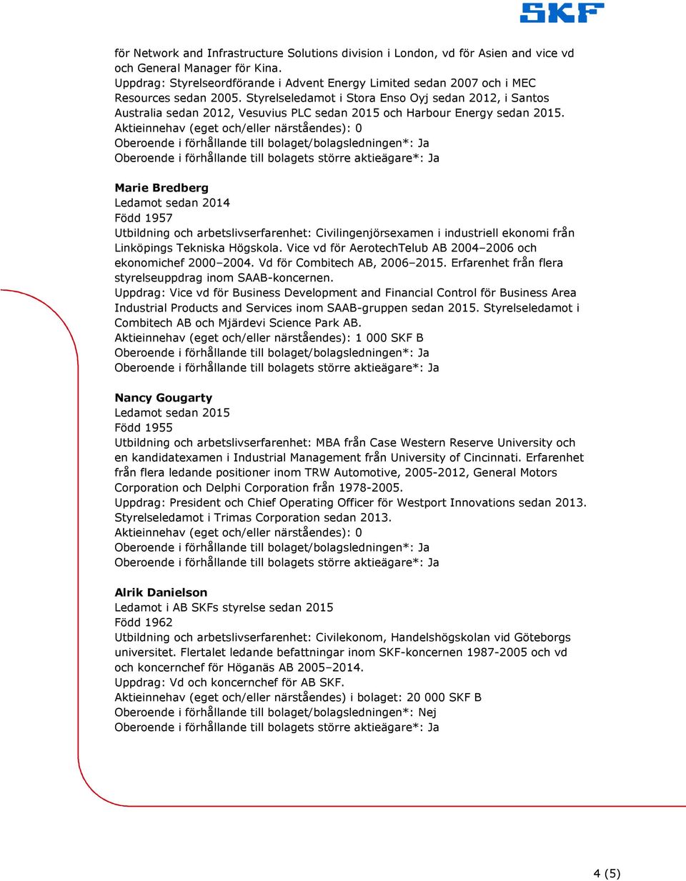 Styrelseledamot i Stora Enso Oyj sedan 2012, i Santos Australia sedan 2012, Vesuvius PLC sedan 2015 och Harbour Energy sedan 2015.