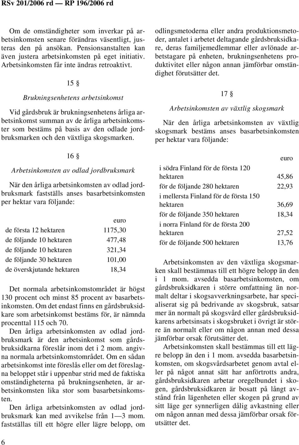 15 Brukningsenhetens arbetsinkomst Vid gårdsbruk är brukningsenhetens årliga arbetsinkomst summan av de årliga arbetsinkomster som bestäms på basis av den odlade jordbruksmarken och den växtliga
