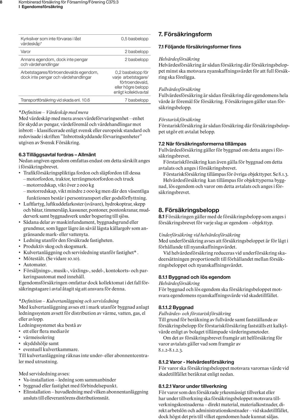 6 0,5 basbelopp 2 basbelopp 2 basbelopp 0,2 basbelopp för varje arbetstagare/ förtroendevald, eller högre belopp enligt kollektivavtal 7 basbelopp *Definition Värdeskåp med mera Med värdeskåp med