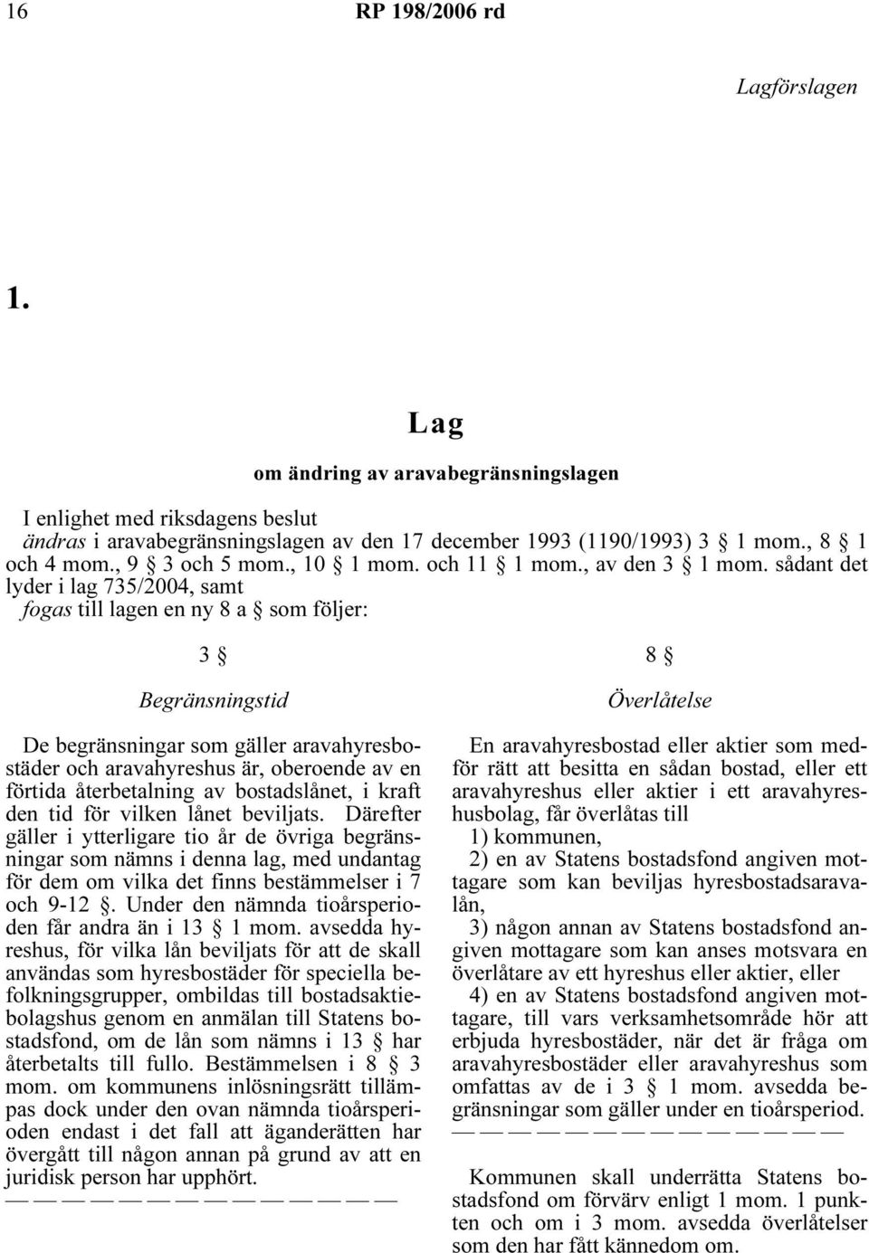 sådant det lyder i lag 735/2004, samt fogas till lagen en ny 8 a som följer: 3 Begränsningstid De begränsningar som gäller aravahyresbostäder och aravahyreshus är, oberoende av en förtida